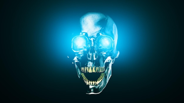 Steel Human Skull with blue glowing eyes 3d render