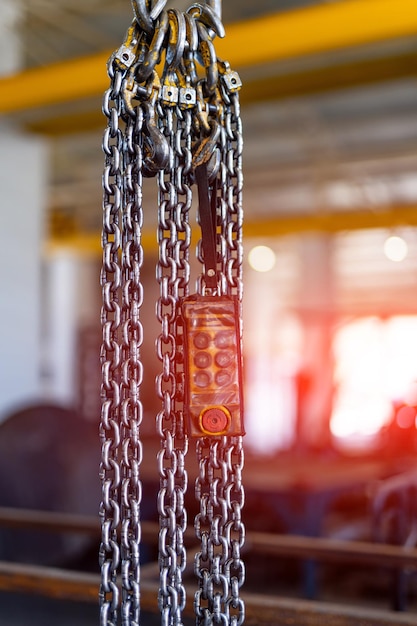 Steel industrial chain machinery Close up view of factory chains