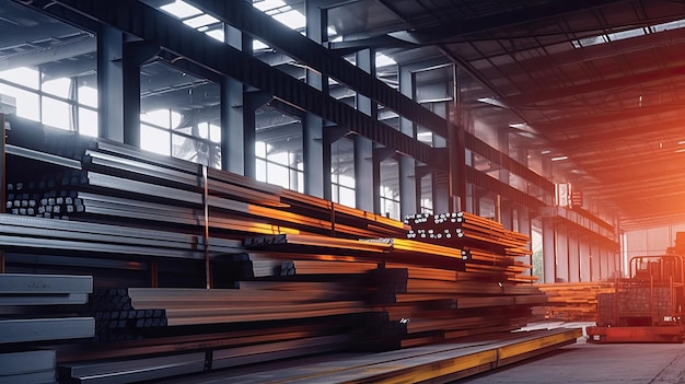 Photo steel in industrial warehouse beam pipe steel plate generative ai