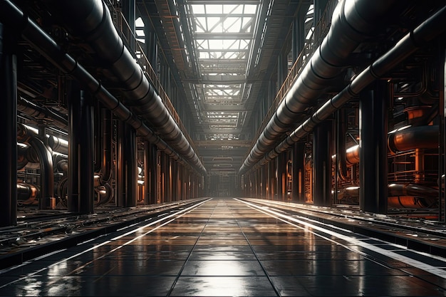 the steel interior of a huge factory or industrial building made using generative AI tools