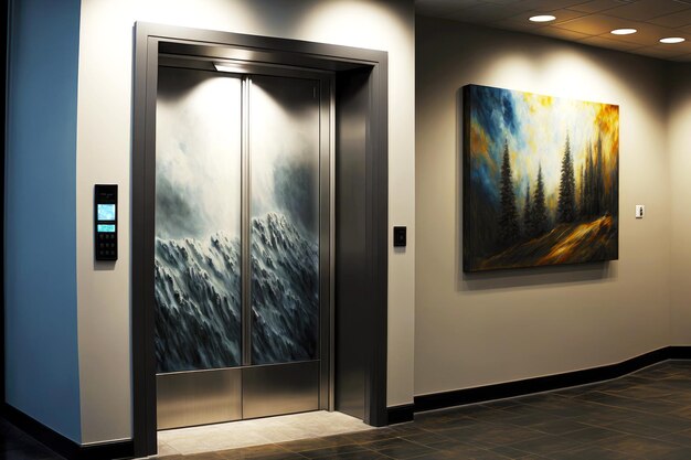 Photo steel lift doors in interior with panels on walls