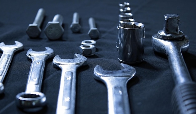 Steel mechanics hand tools laid out in order