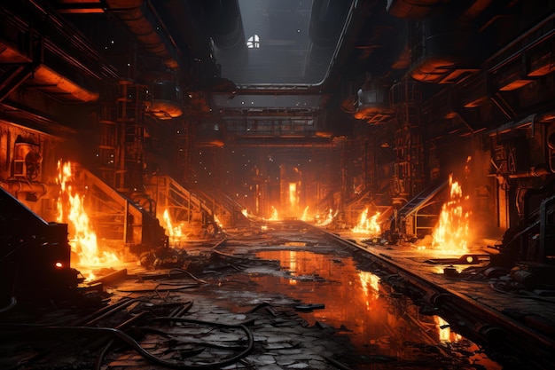 Steel mill interior fire burn inside foundry of metallurgical plant generative AI Dark iron cast factory Theme of industry production molten metal technology manufacture metallurgy