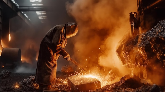 Photo steel mill operation portrait worker molten metal pouring in industrial foundry workshop