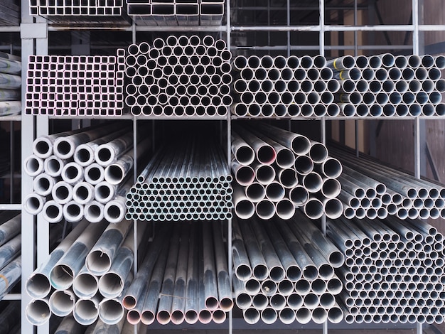 Steel pipe material stack storage background.        