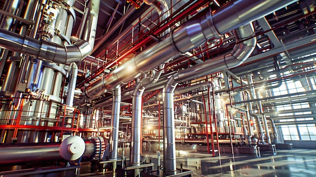 공장 환경에서 전력과 에너지 시스템을 강조하는 강철 파이프와 산업 인프라
