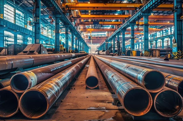 Steel pipes inside the factory or warehouse Industrial production