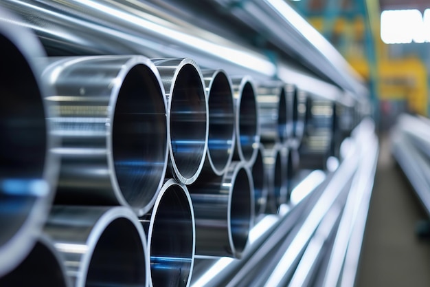 Steel pipes in warehouse or factory close up