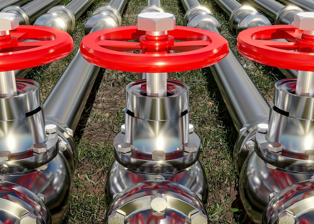 Photo steel pipes with red valves arrangement