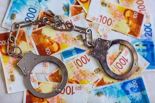 Steel police handcuffs on background of Israeli New Shekel banknotes with the 100, 200 NIS bills