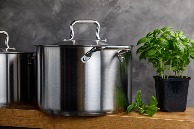 Photo steel pots in the kitchen