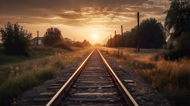 Steel rail road train track center perspective and country side nature view with cloudy sky evening golden hour sunset