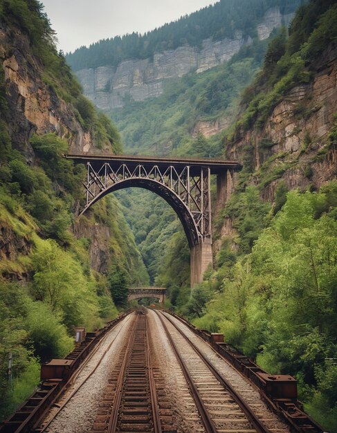 Steel railway bridge spans a gorge