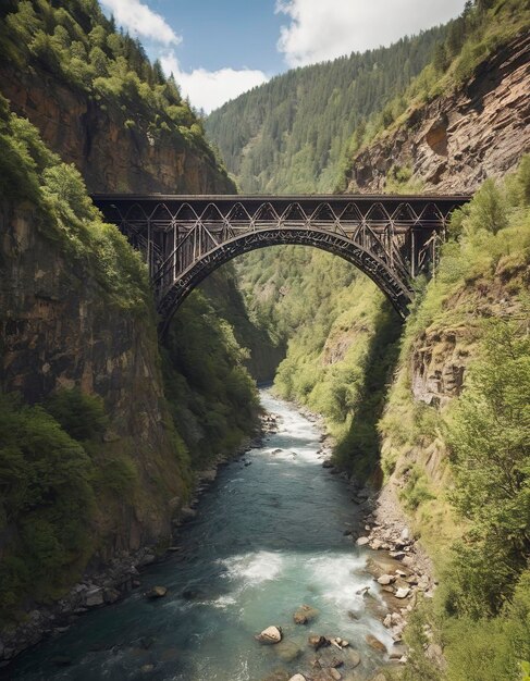 Steel railway bridge spans a gorge