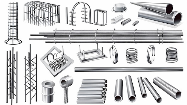 Photo steel rod steel reinforced rebar modern realistic set of construction armatures smooth and deformed iron rods for cages racks and prison grates stainless fittings isolated on white background