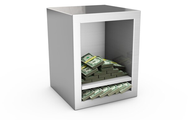 Фото Стальной сейф и деньги 3d. защита финансовой концепции. изолированные на белом