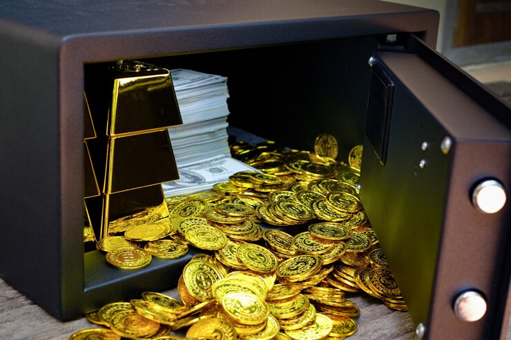 硬貨の山と金の棒がいっぱい入ったスチール製の金庫