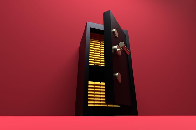Steel safe open with gold bars inside on a red background safety of money valuables concept 3d render