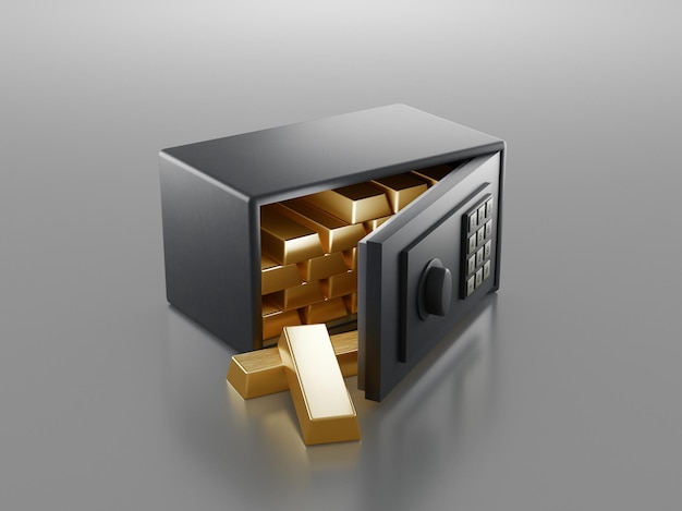 Стальной сейф с золотыми слитками или слитками 3d-рендеринга