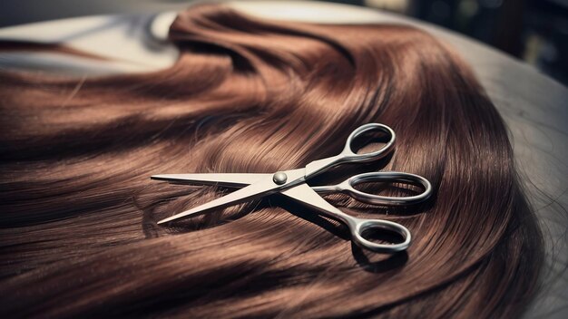 Photo steel scissors lie on the wave of silk brown hair