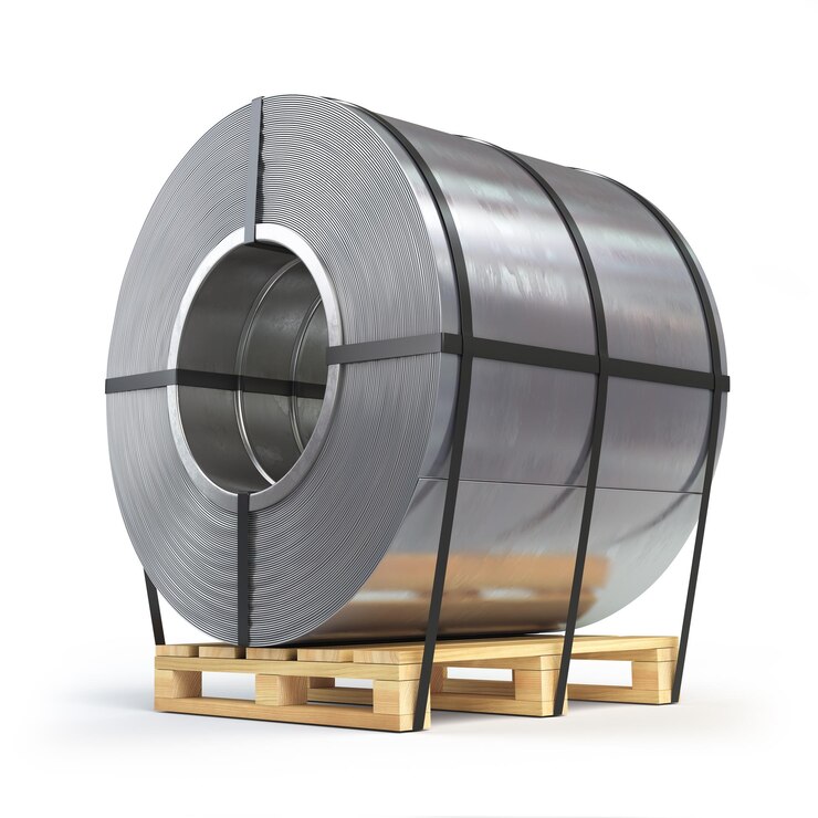 Steel sheet rolled metal roll on a pallet Production delivery and storage of metal products
