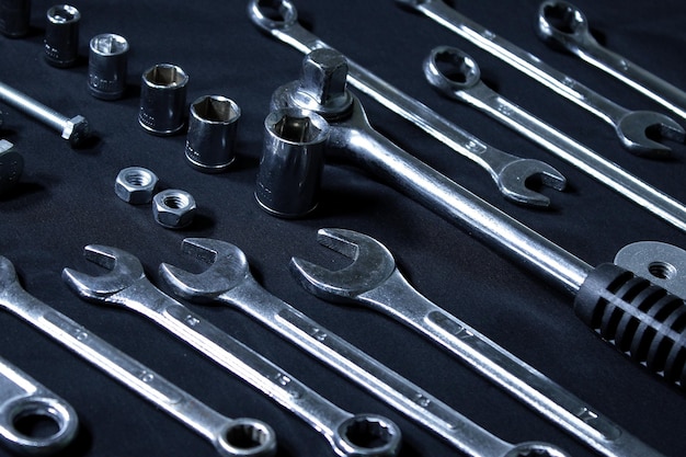Steel Shiny Set Of Spanners Sockets Quick Release Ratchet And Hardware Items Laid Out In Order