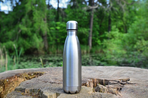 Photo steel thermo water bottle be plastic free zero waste copy space