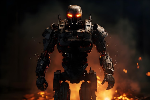 Steel warrior army robots on the background of fiery explosions generative ai