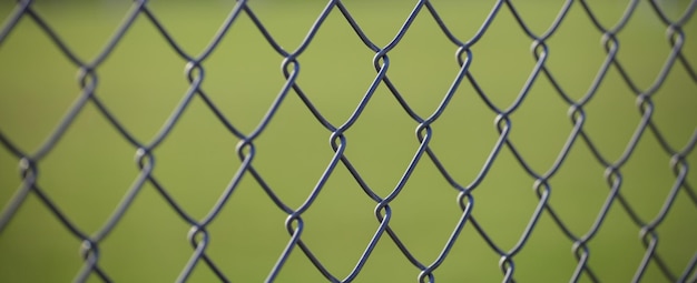 Steel wire mesh fence with green blurred background Close up view with details