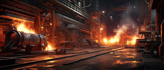 Steelmaking furnaces at work in a large steel plant