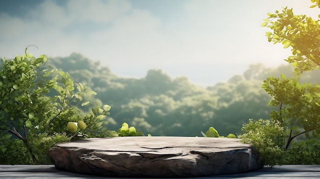 Foto steen podium op natuur achtergrond met kleine bomen