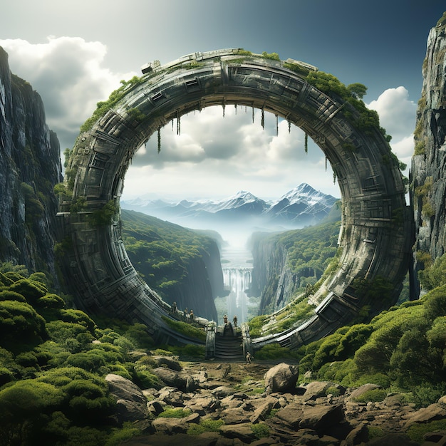 Steen ronde portaal naar een andere wereld Steen ring cirkel in de bergen door AI gegenereerd