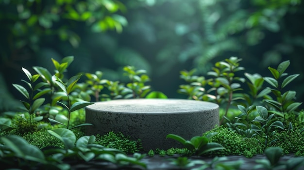 Steenen voetstuk of platform met een groene achtergrond van planten