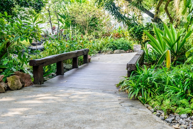 Steenweg en houten brug in tuin