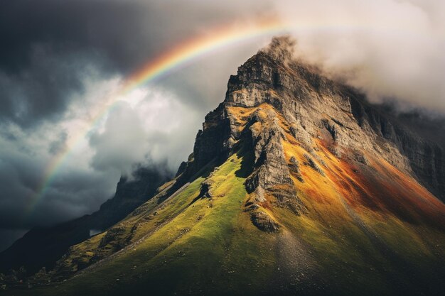 Steep mountain cliff enveloped in a rainbow after a storm