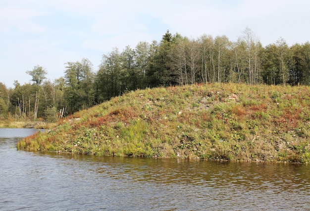 Steep shore of a forest lake on a warm autumn morning