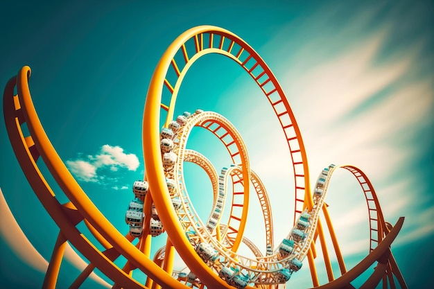 Steep swirling roller coaster with turns in amusement park created with generative ai
