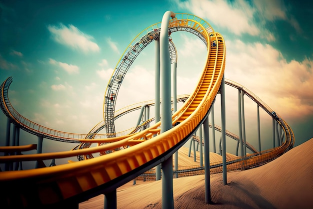 Steep turns and slides on roller coaster in amusement park created with generative ai