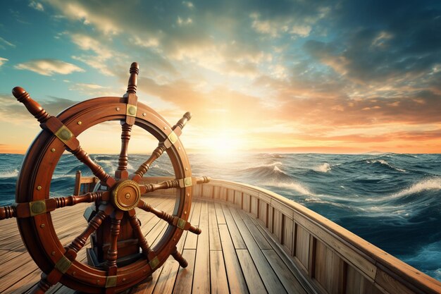 Steering wheel of a boat on a wooden deck with a sunset in the background generative ai