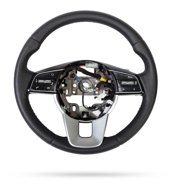 Steering wheel for car and truck isolated on white background Automobile vehicle part or equipment Round modern style consist of black leather and aluminum For driver to driving control and tuning