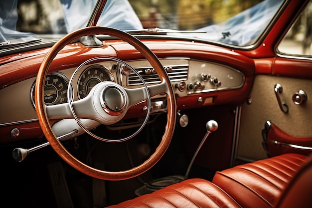 Photo steering wheel and dashboard interior of old car generative ai