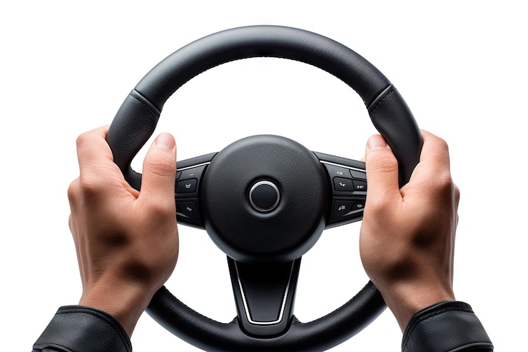Photo steering wheel turned left on white background