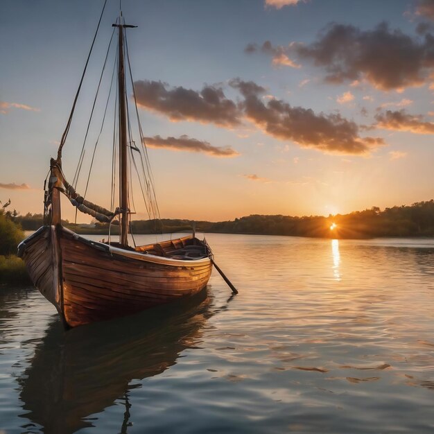 Photo steg mit boot im sonnenuntergang