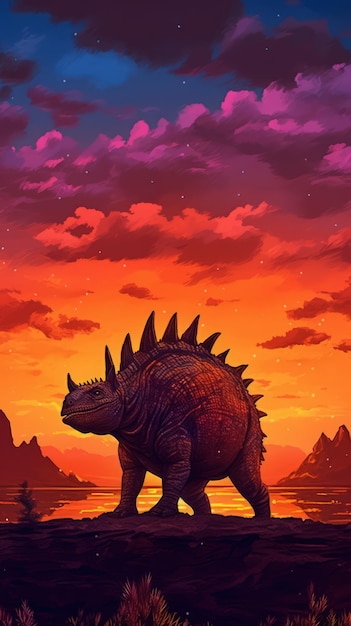 Stegosaurus Bathed in Twilight Hues Silhouetted Against Vivid Orange Sunset AI Generated