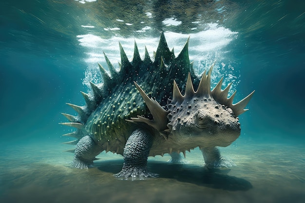 Stegosaurus in water met zijn kop boven het oppervlak en zijn staart eronder gemaakt met generatieve ai