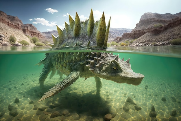 ジェネレーティブ ai で作成された、透き通った川で泳ぐステゴサウルスの尻尾と足ひれが見える