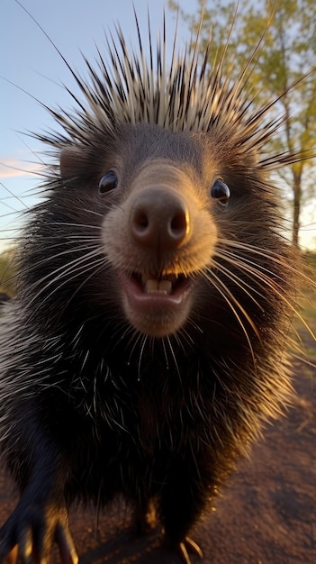 Stekelvarken raakt de camera aan om een selfie te maken Grappige selfie portret van een dier