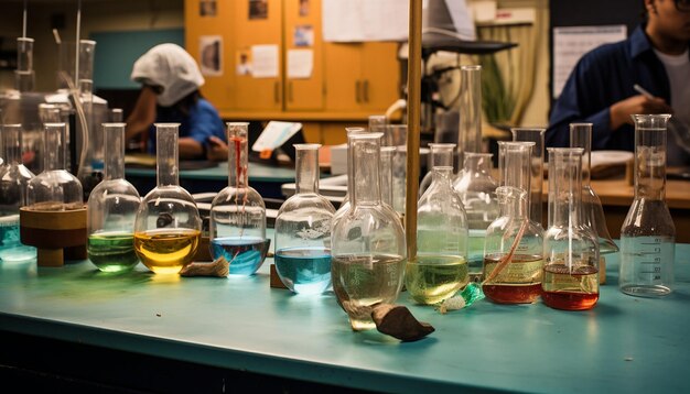 Foto stel een fotoshoot op in een laboratorium. studenten doen experimenten met betrekking tot het milieu.