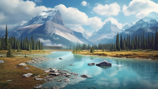 Stel je Banff National Park Canada voor, turquoise meren dramatisch. Gemaakt met generatieve AI-technologie