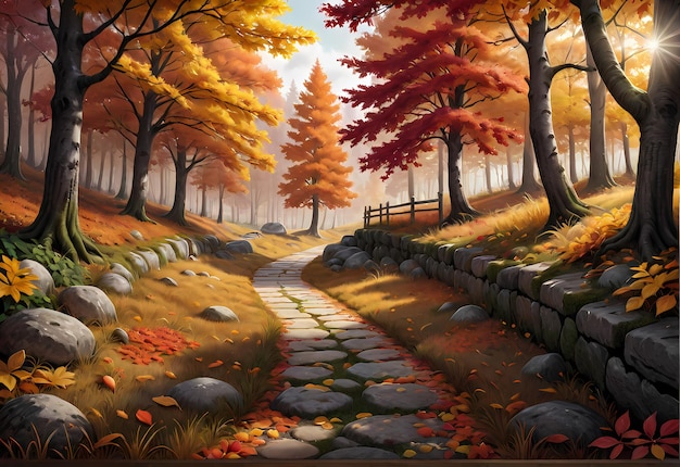 Stel je de rust en schoonheid van de natuur voor in een hyperrealistische illustratie van de herfstachtergrond